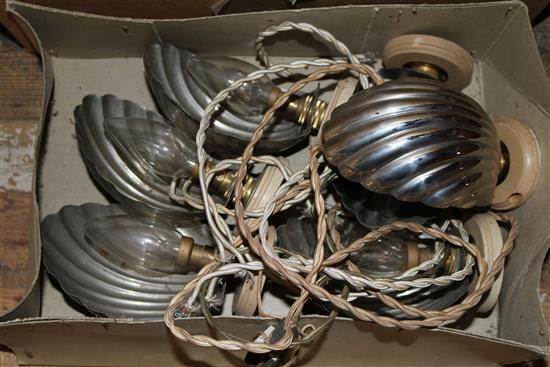 Quantity of pewter dishes, shell lamps, bellows, etc.